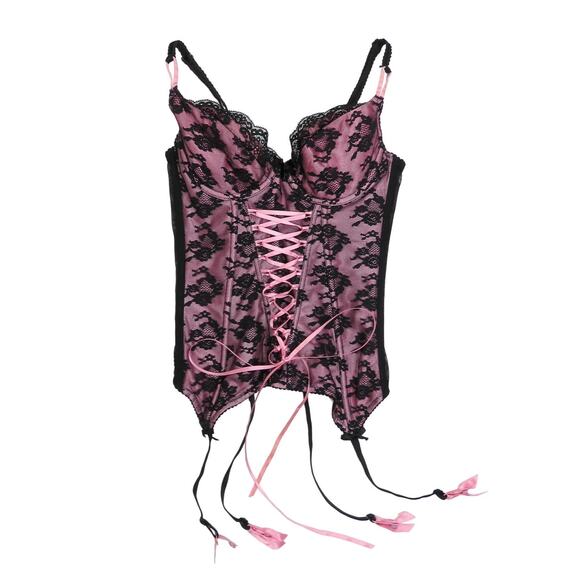 Ann Summers Y2k Vintage Pink and Black Lace Corset with Garters 34A - Picture 1 of 7